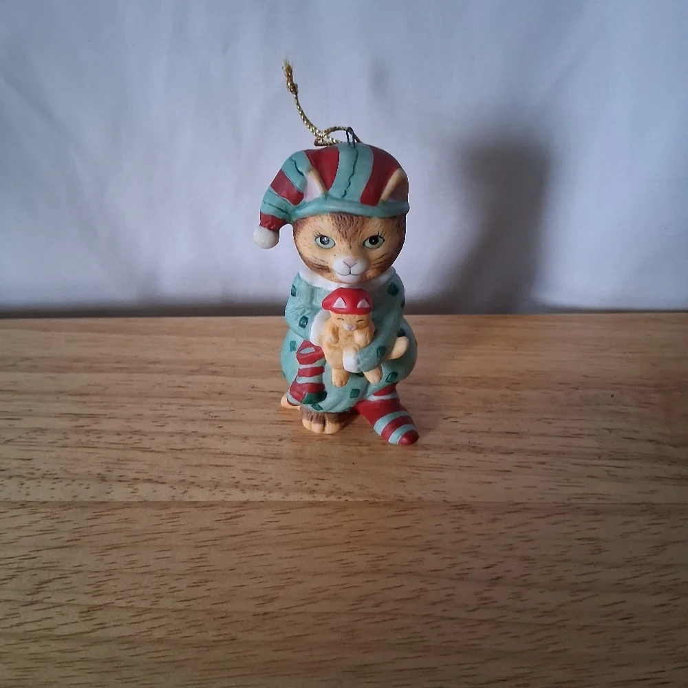 Festive Cat Ornament in Red and Green Holding Kitten In Their Pajamas